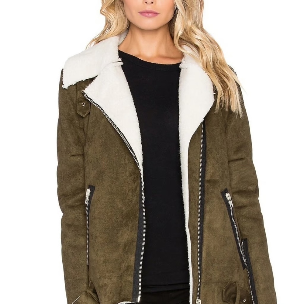 J.O.A. Suede Vacation Shearling Jacket in Olive